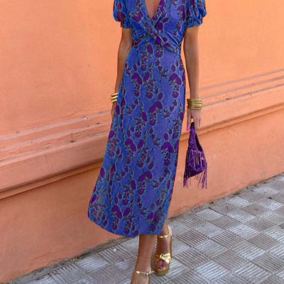 Summer V-neck Short-sleeved Dress Fashion Flowers Printed Slim Beach Dresses For Women Clothing - Image 8