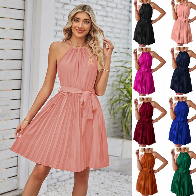 Halter Strapless Dresses For Women Solid Pleated Skirt Summer Beach Sundress - Image 2