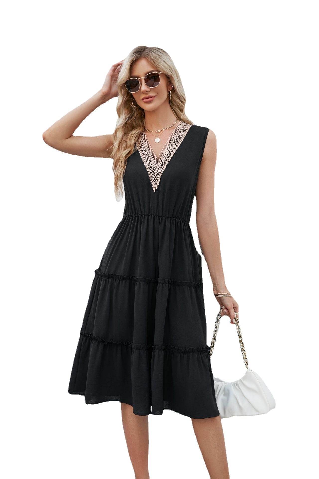 V-neck Dresses Women Sleeveless Pleated Ruffle Elegant Dress Beach Summer - Image 5