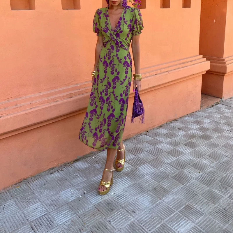 Summer V-neck Short-sleeved Dress Fashion Flowers Printed Slim Beach Dresses For Women Clothing - Image 3