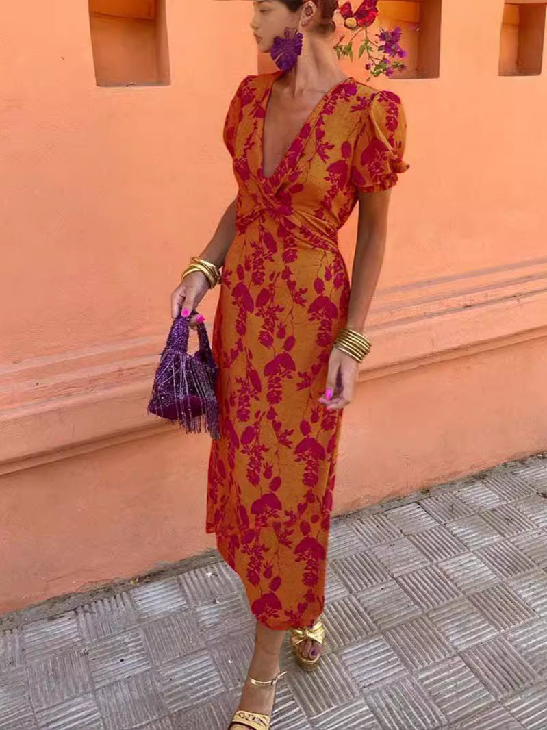Summer V-neck Short-sleeved Dress Fashion Flowers Printed Slim Beach Dresses For Women Clothing - Image 5