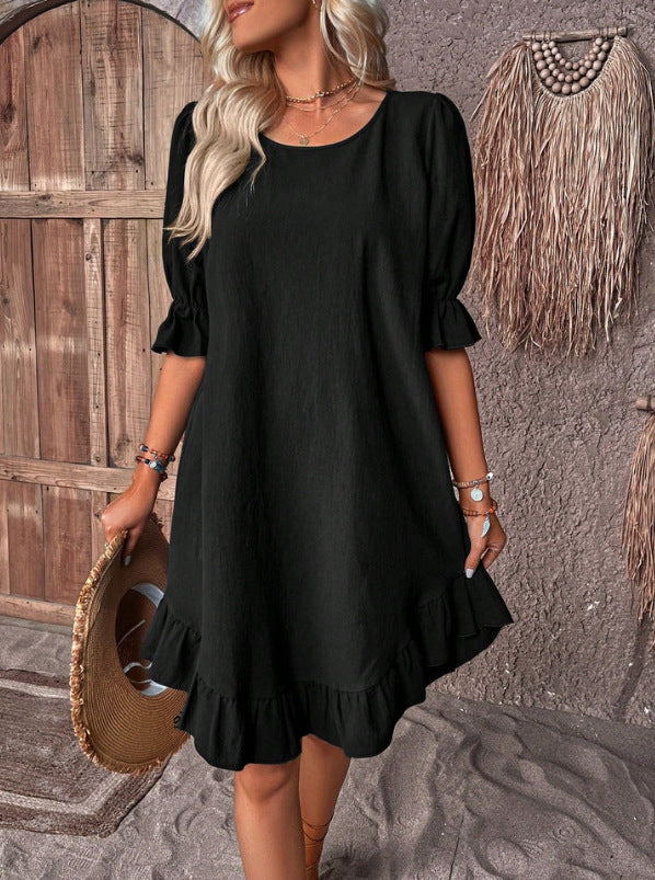 Fashion Ruffle Short-sleeved Dress Summer Solid Color Round Neck Loose Straight Dresses Womens Clothing - Image 2