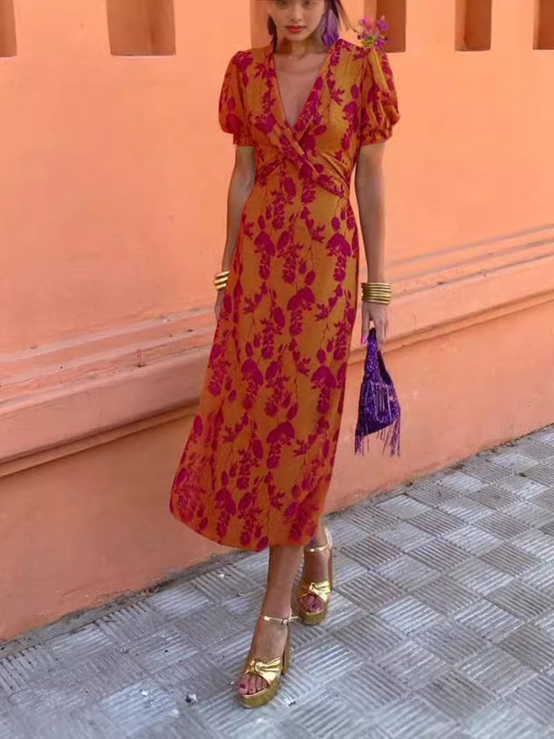 Summer V-neck Short-sleeved Dress Fashion Flowers Printed Slim Beach Dresses For Women Clothing - Image 9