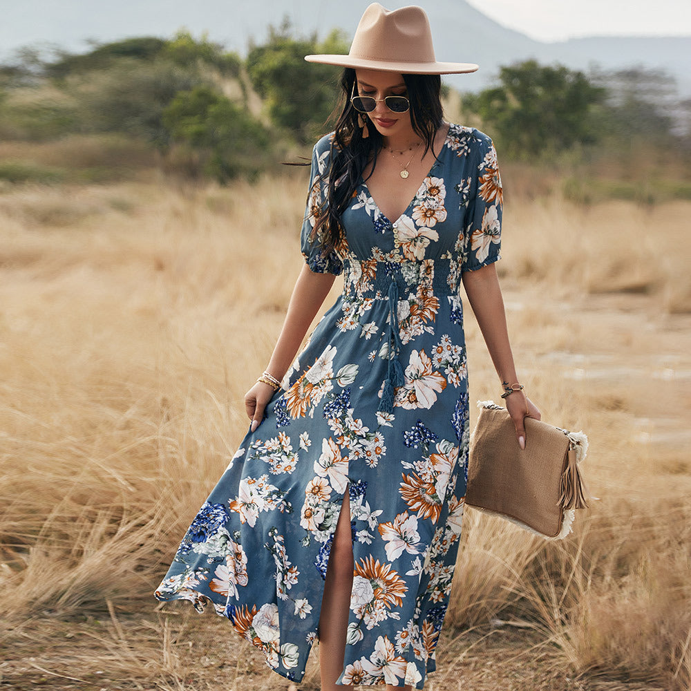 Floral Summer Beach Dress With V Neck Elastic Waist Dresses For Women - Image 8