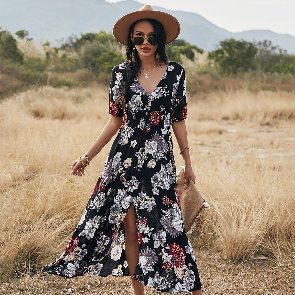 Floral Summer Beach Dress With V Neck Elastic Waist Dresses For Women - Image 7