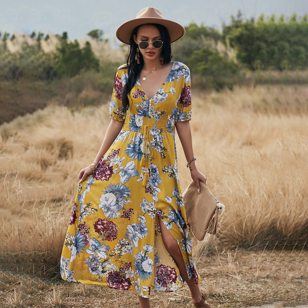 Floral Summer Beach Dress With V Neck Elastic Waist Dresses For Women - Image 6