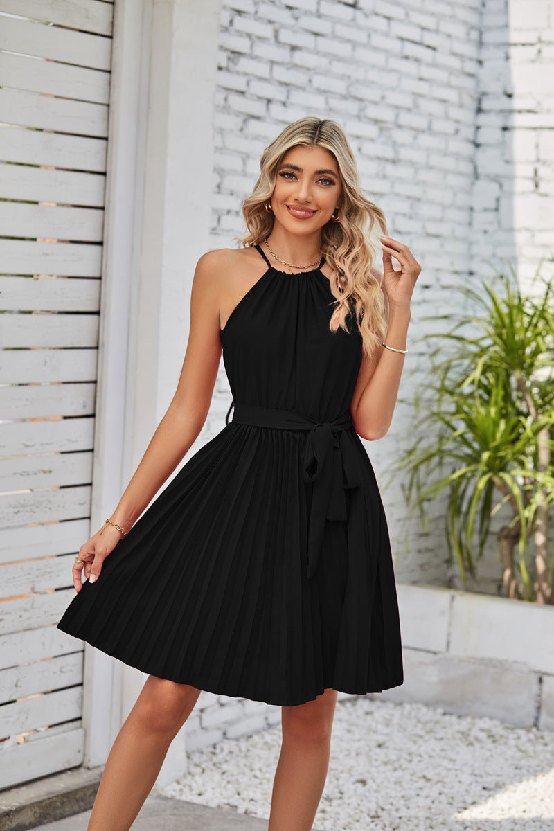Halter Strapless Dresses For Women Solid Pleated Skirt Summer Beach Sundress - Image 3