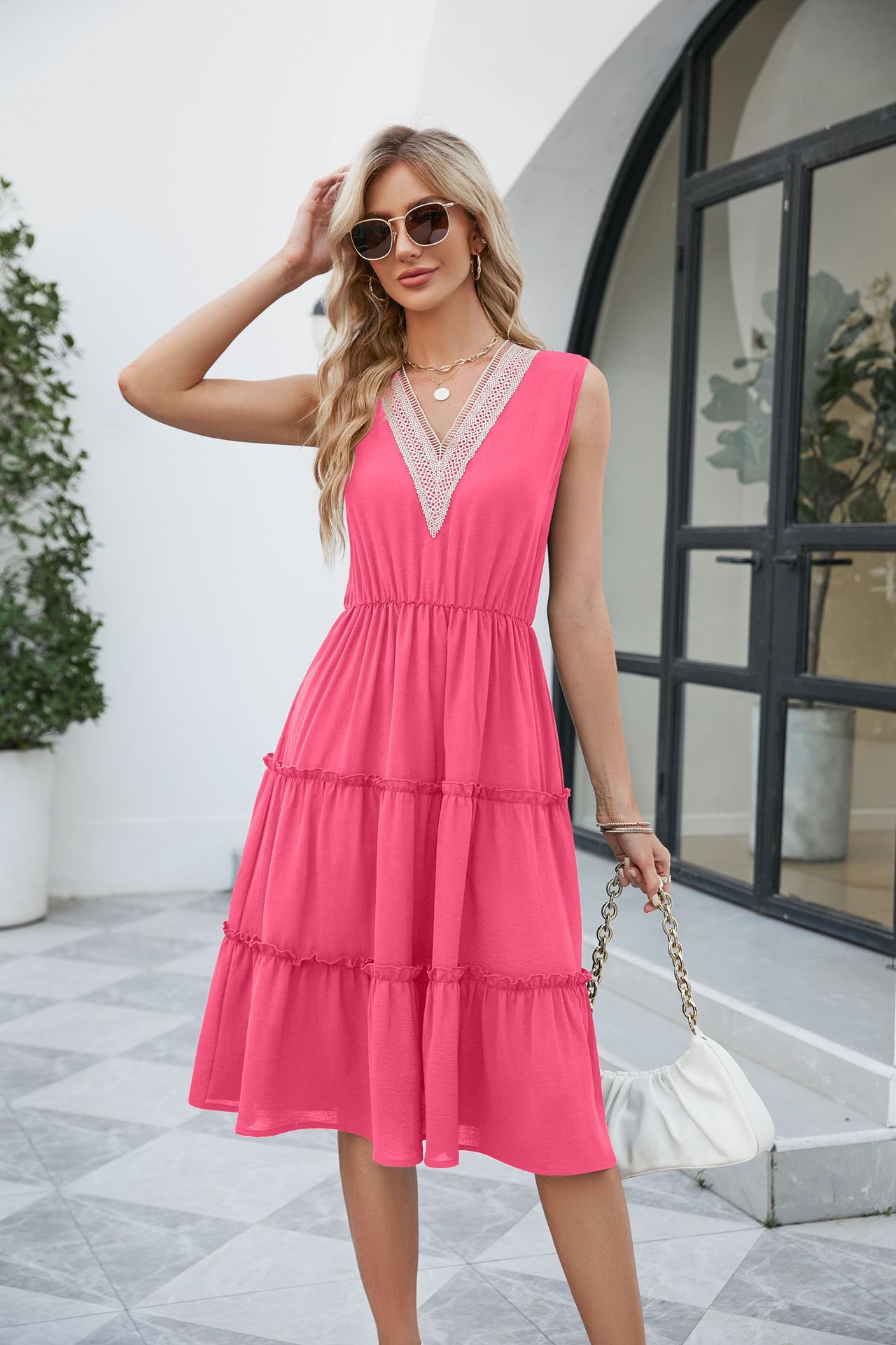 V-neck Dresses Women Sleeveless Pleated Ruffle Elegant Dress Beach Summer - Image 4