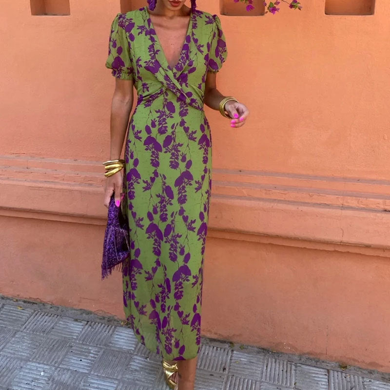 Summer V-neck Short-sleeved Dress Fashion Flowers Printed Slim Beach Dresses For Women Clothing - Image 7