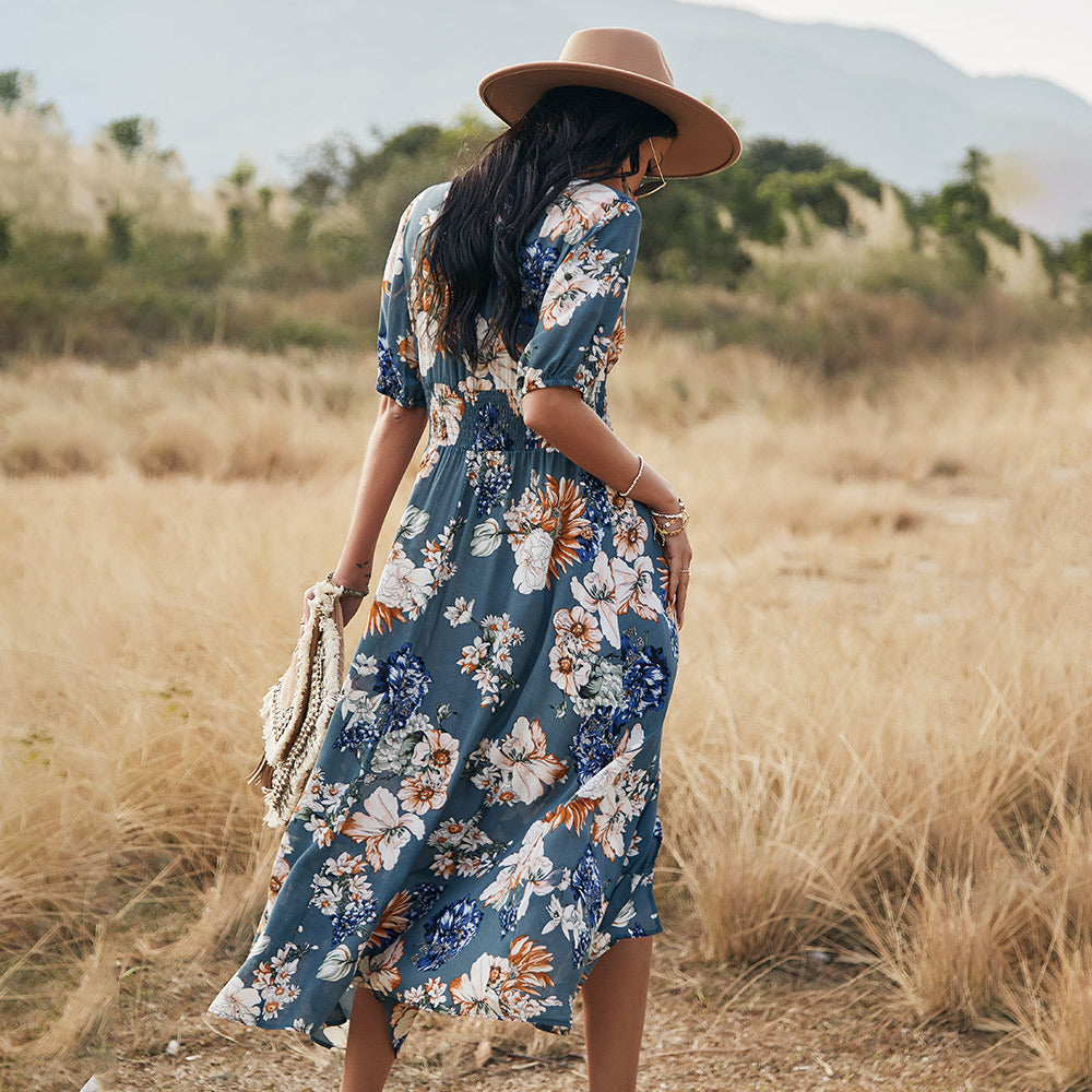 Floral Summer Beach Dress With V Neck Elastic Waist Dresses For Women - Image 2