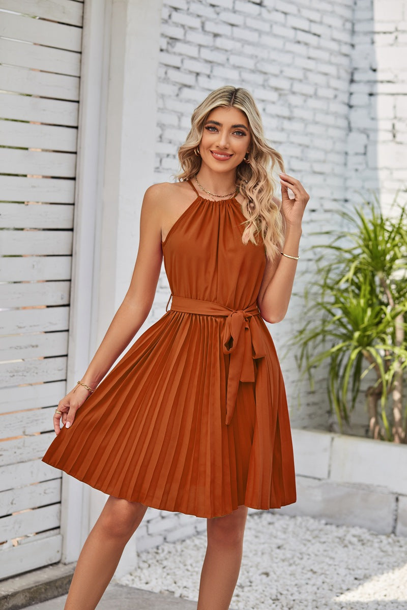 Halter Strapless Dresses For Women Solid Pleated Skirt Summer Beach Sundress - Image 5