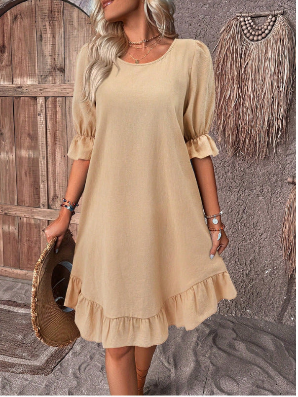 Fashion Ruffle Short-sleeved Dress Summer Solid Color Round Neck Loose Straight Dresses Womens Clothing - Image 3