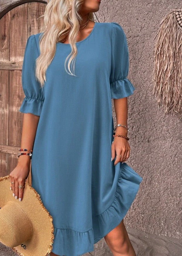 Fashion Ruffle Short-sleeved Dress Summer Solid Color Round Neck Loose Straight Dresses Womens Clothing - Image 8