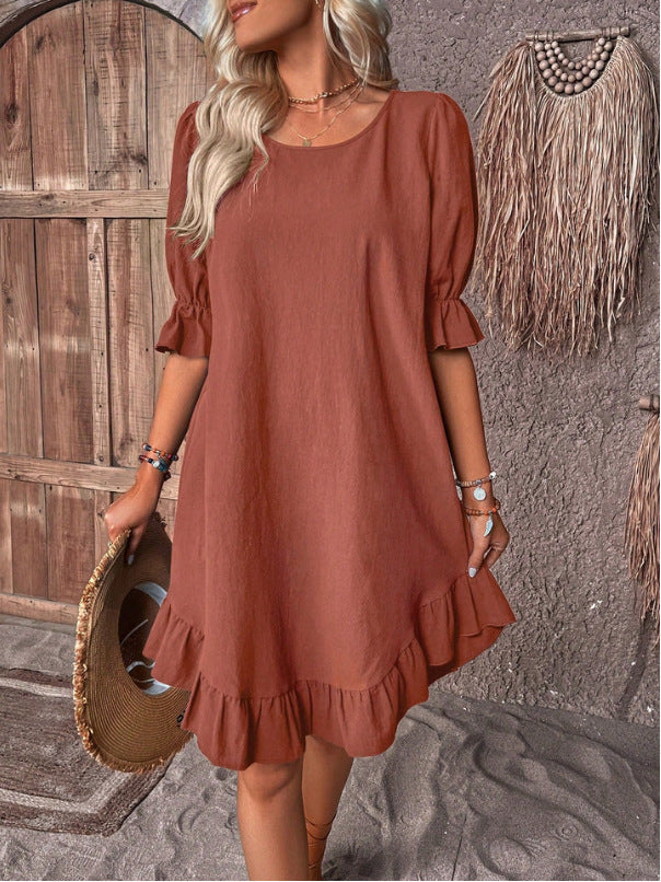Fashion Ruffle Short-sleeved Dress Summer Solid Color Round Neck Loose Straight Dresses Womens Clothing - Image 7