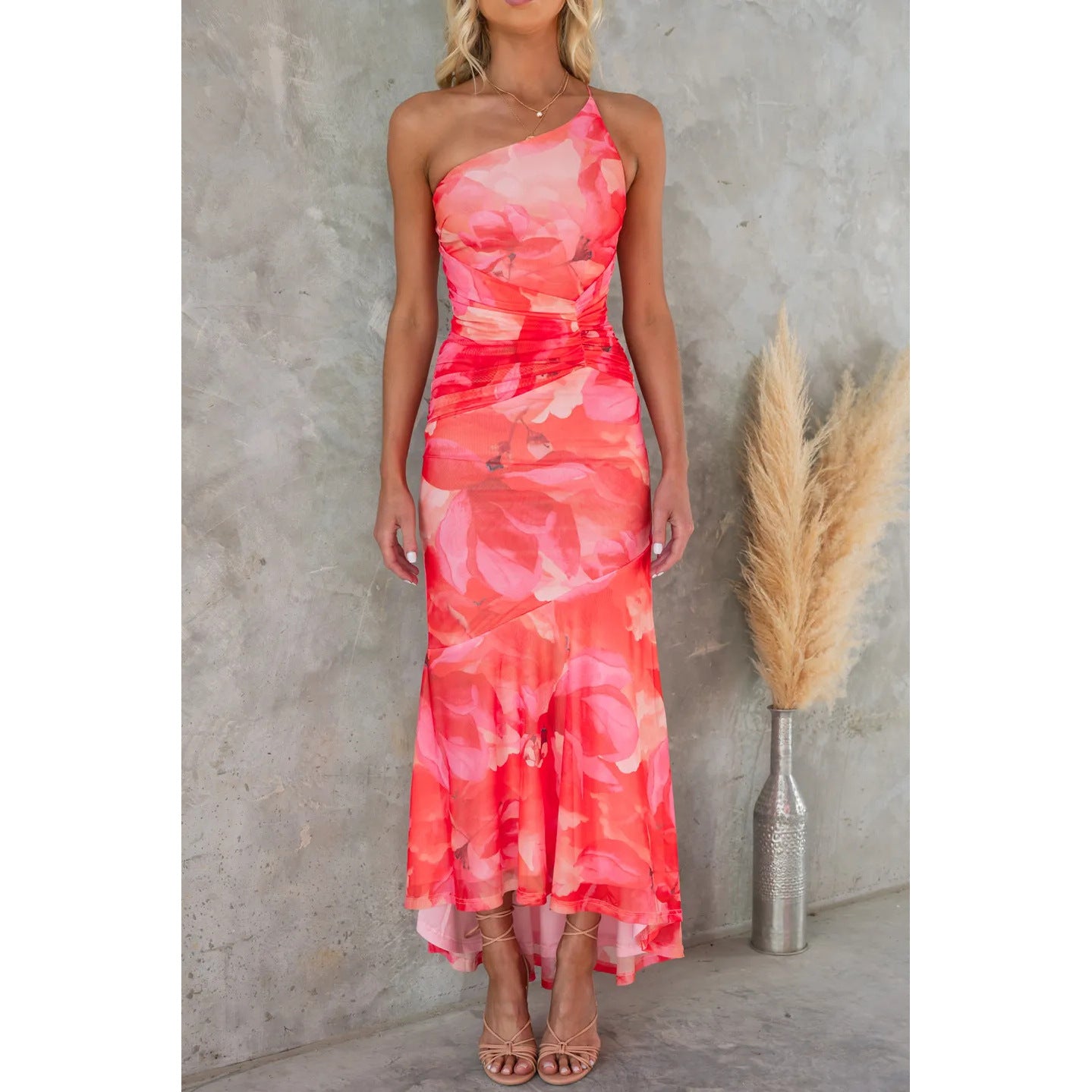 Flowers Print One-shoulder Dress Summer INS Casual Suspender Long Dresses Womens Clothing - Image 5