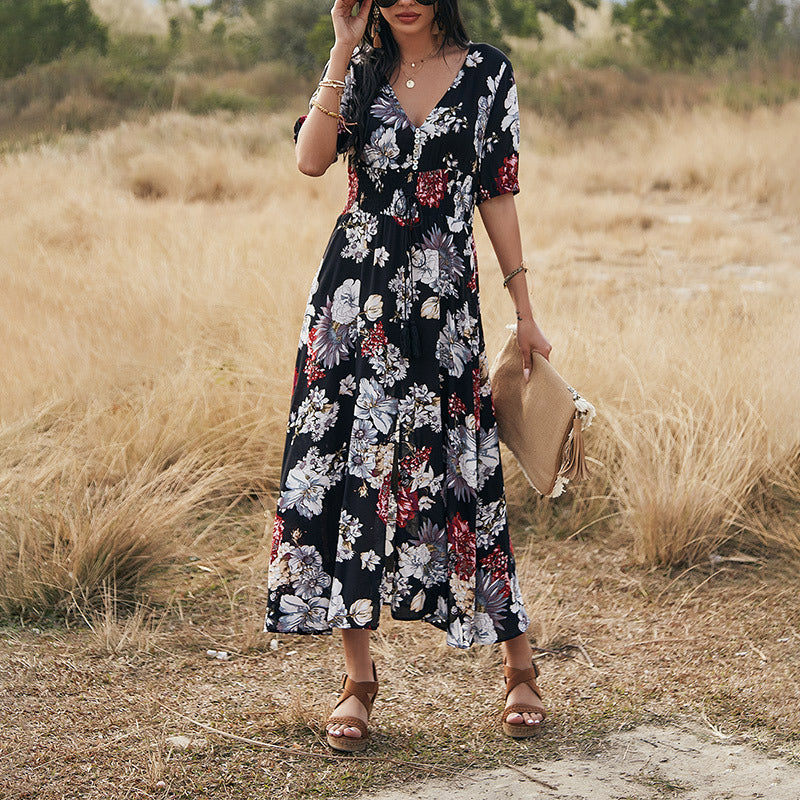 Floral Summer Beach Dress With V Neck Elastic Waist Dresses For Women - Image 3